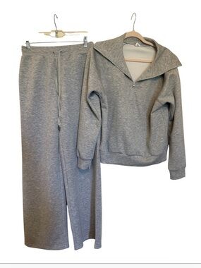 LOGENE Women’s 2 Piece Scuba Lounge Set Gray Quarter Zip Wide Leg Pants S